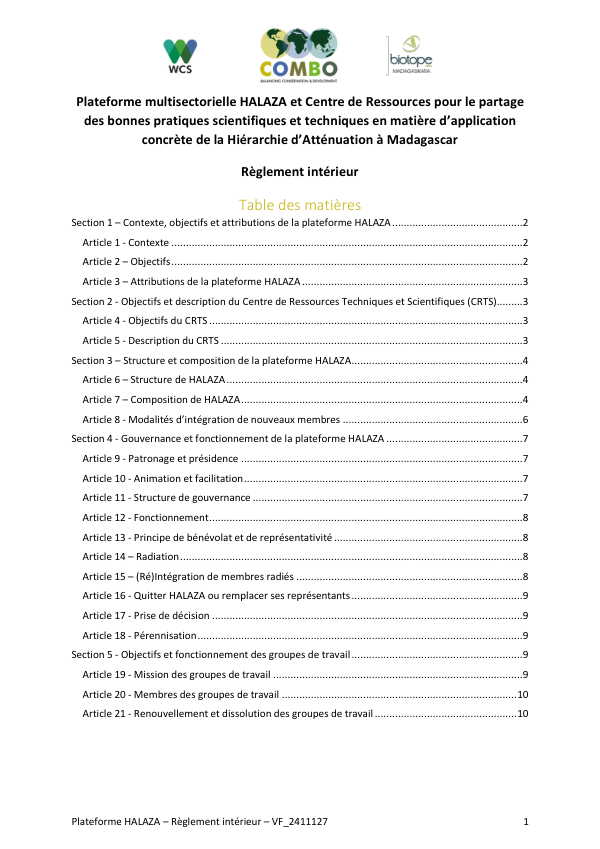 Comité HALAZA - Règlement intérieur