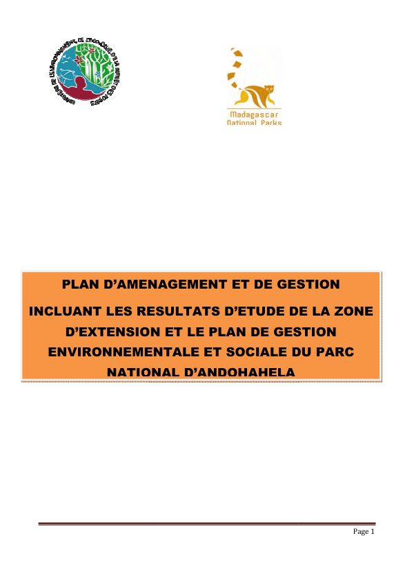 Plan d'Aménagement et de Gestion incluant le Plan de Gestion Environnementale et Sociale du Parc National d'Andohahela